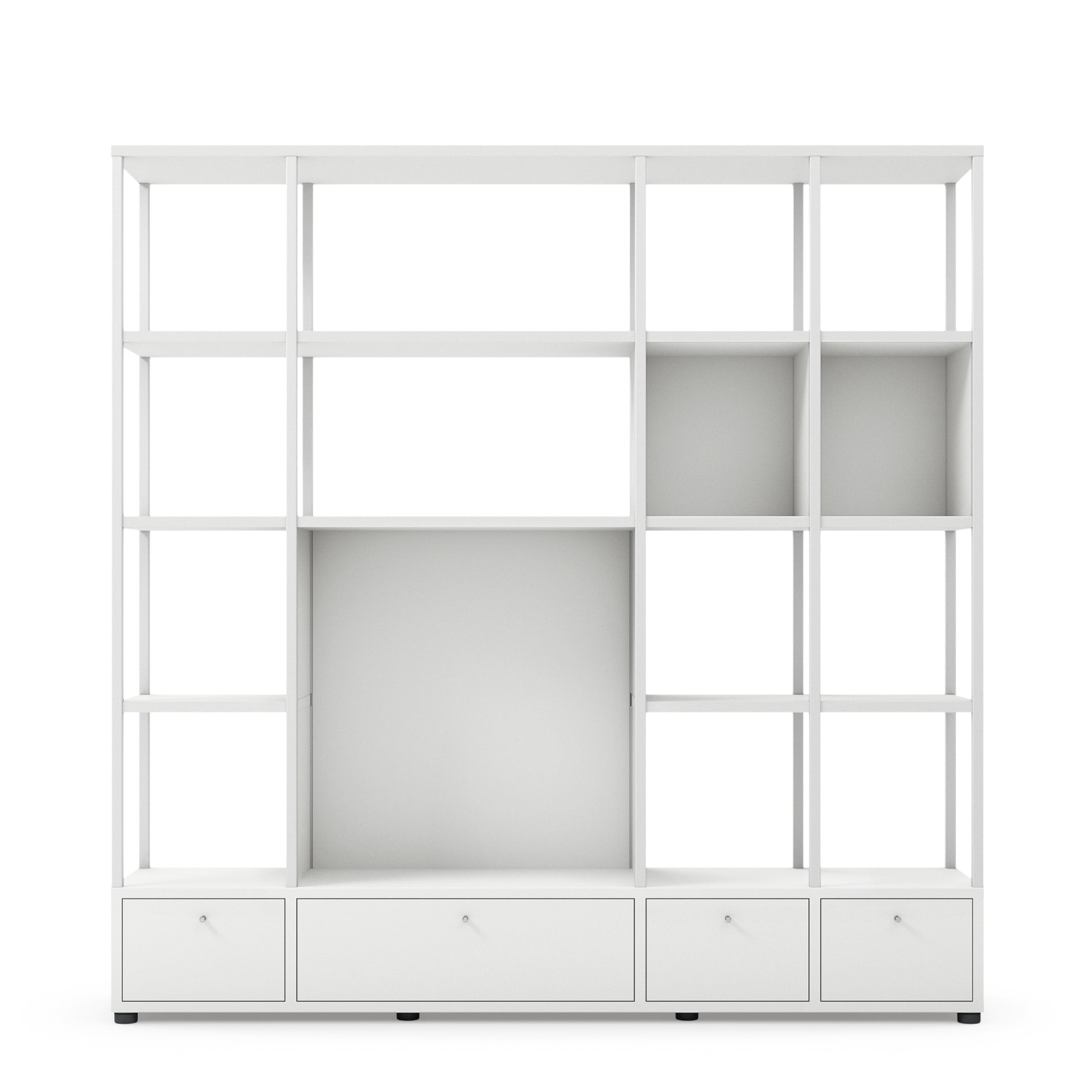 se:matrix – Regalsysteme – Weißes Regal mit offenen Fächern und drei Schubladen. Minimalistisches Design, ideal für Büroumgebungen.