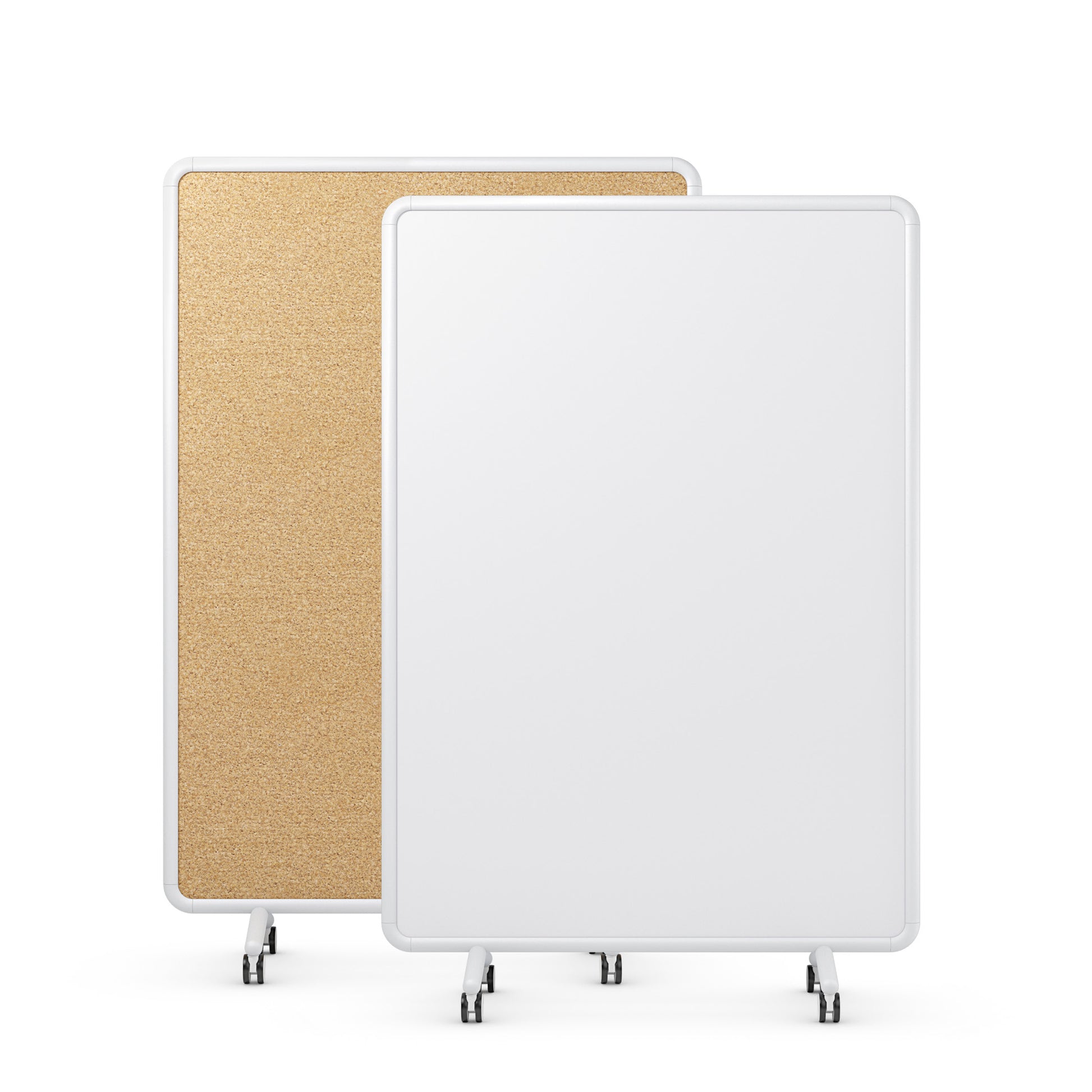 se:lab pin & write – Mobile Stellwände – Zwei höhenverstellbare Rollwände, eine mit Korkoberfläche, die andere weiß, auf Rädern mit stabilen Gestellen.