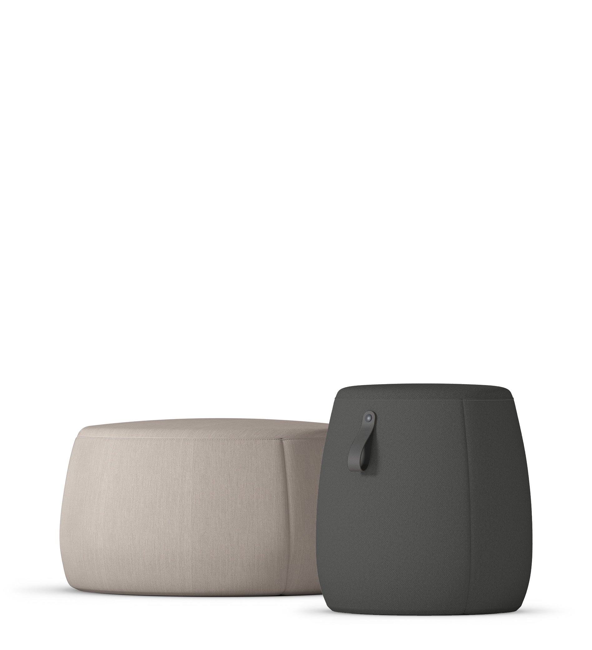 se:dot – Pouf – Zwei Sitzhocker in unterschiedlichen Farben: beige und schwarz, mit einer runden, weichen Form und einem Griff.