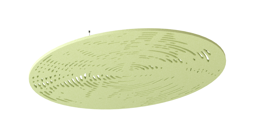 Deckenpanel Jungle – Deckenabsorber – Runde, grüne Akustikdecke mit strukturierten Oberflächen zur Schallabsorption, in schwebender Position dargestellt.
