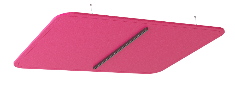 Akustische Beleuchtung Bysso – Akustische Beleuchtung – Hängendes, quadratisches Akustikpaneel in Pink mit schwarzem Leuchtstreifen.