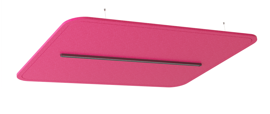 Akustische Beleuchtung Bysso – Akustische Beleuchtung – Hängendes, quadratisches Panel in Pink mit schwarzem Leuchtmittel zur Raumakustik-Optimierung.