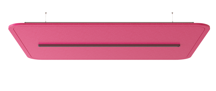 Akustische Beleuchtung Bysso – Akustische Beleuchtung – Akustikelement in Pink, rechteckig, mit Kabel für die Deckenmontage, zur Schallabsorption geeignet.