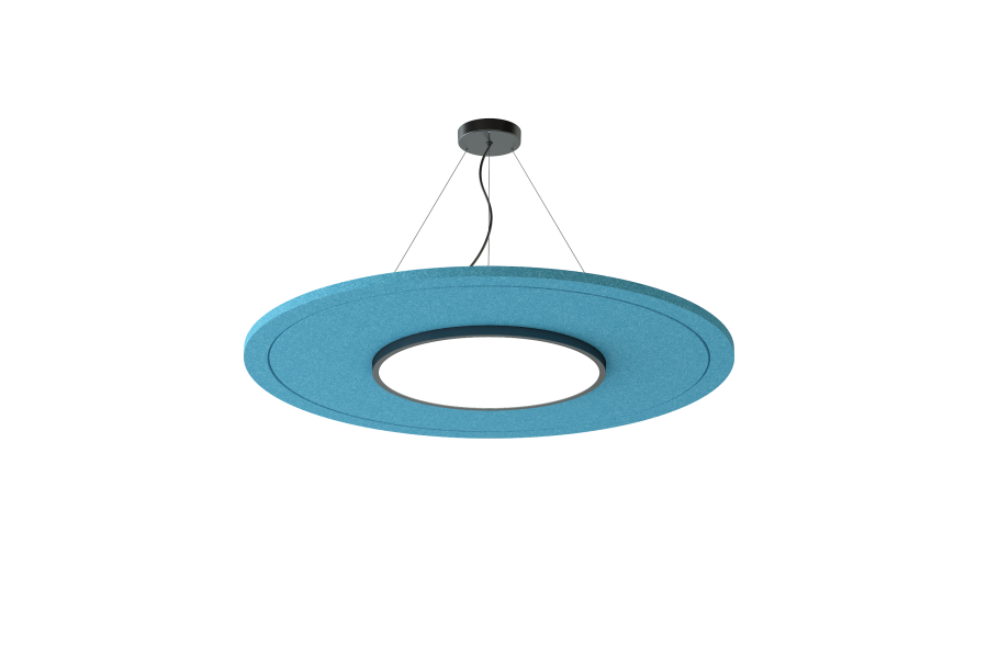 Akustikleuchte Circ – Akustische Beleuchtung – Runde, hängende Deckenlampe mit blauem Gehäuse und einem zentralen, runden Lichtsegment.
