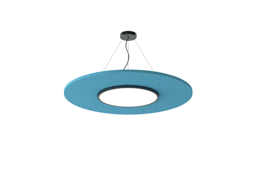 Akustikleuchte Circ – Akustische Beleuchtung – Hängelampe in ovaler Form, mit blauer Textiloberfläche und runder, weißer Lichtfläche.