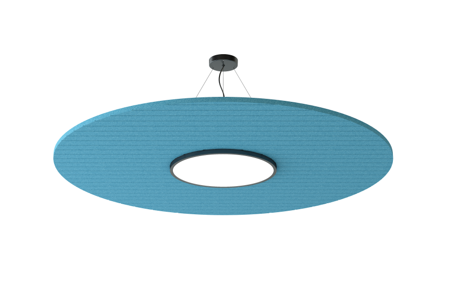 Akustikleuchte Circ – Akustische Beleuchtung – Deckenlampe in ovaler Form, blau mit strukturiertem Bezug und runder LED-Leuchte in der Mitte.