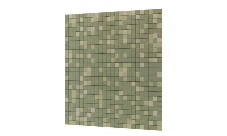 Archisonic Cotton Mosaik – Akustische Wandverkleidung – Wandverkleidung aus kleinen quadratischen, in Grüntönen und Beige gemusterten Fliesen.