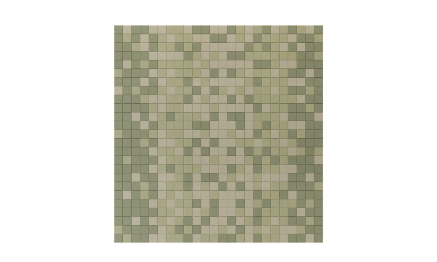 Archisonic Cotton Mosaik – Akustische Wandverkleidung – Muster aus kleinen quadratischen Fliesen in verschiedenen Grüntönen und Beigefarben, gleichmäßig angeordnet.