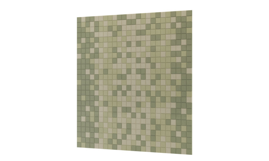Archisonic Cotton Mosaik – Akustische Wandverkleidung – Musterplatte mit quadratischen Fliesen in verschiedenen Grüntönen und Beige, strukturierte Oberfläche.
