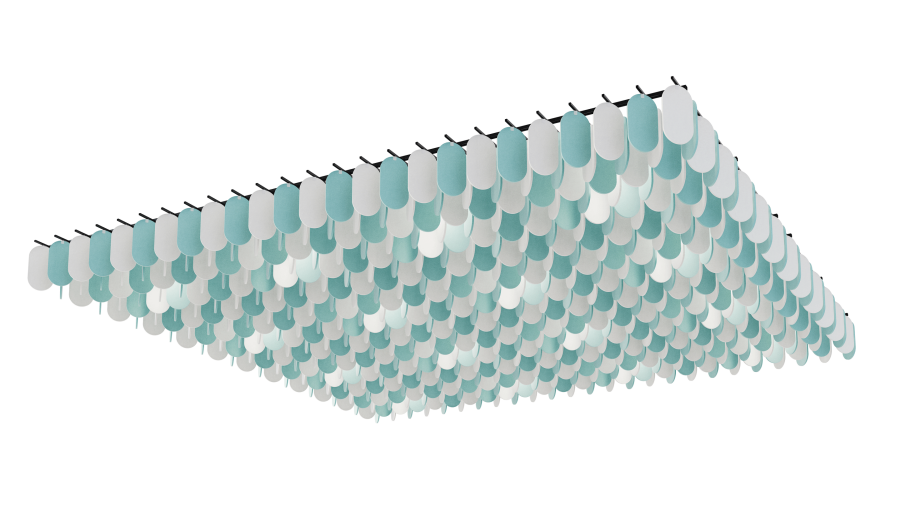 Akustische Beleuchtung Flock – Akustische Beleuchtung – Hängende Akustikpaneele in minimalistischer Formgebung, in weissen und aqua-farbenen Tönen, zur Schallabsorption.