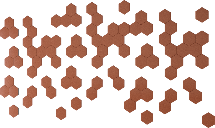 Wandverkleidung Hexagon – Akustische Wandverkleidung – Anordnung von bräunlichen, sechseckigen Bodenfliesen auf schwarzem Hintergrund.