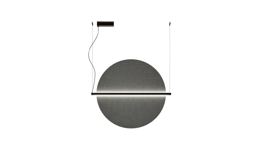 Akustische Beleuchtung Horizon – Akustische Beleuchtung – Hängende, runde Lampe mit grauem Lampenschirm und horizontaler Lichtleiste.