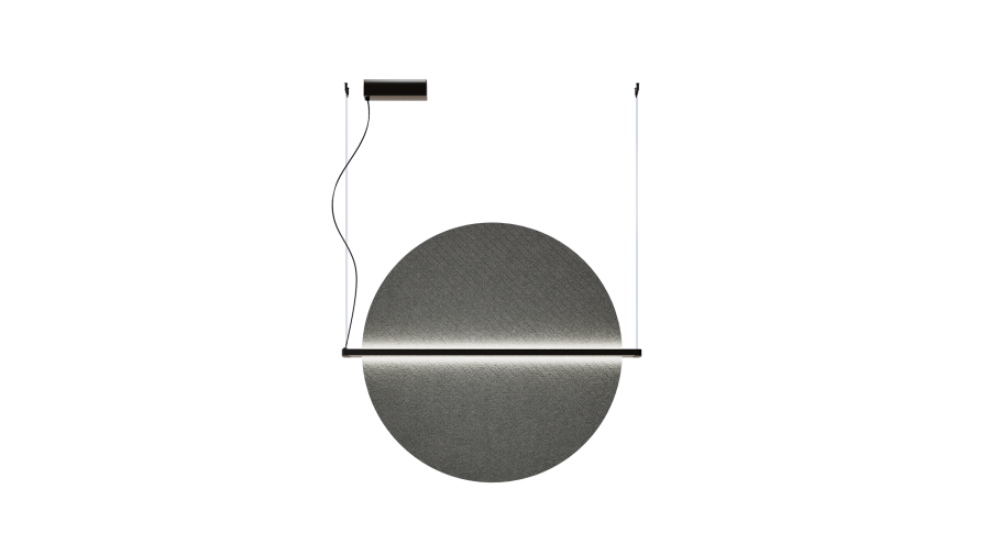 Akustische Beleuchtung Horizon – Akustische Beleuchtung – Pendelleuchte mit runder, grauer Leuchte und horizontalem Lichtband. Struktur mit Kabeln zum Aufhängen.