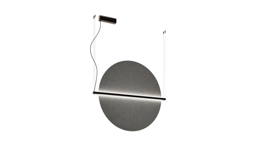 Akustische Beleuchtung Horizon – Akustische Beleuchtung – Hängende, runde Lampe mit matte Oberfläche, kombiniert mit einer linearen Lichtleiste und schwarzem Kabel.