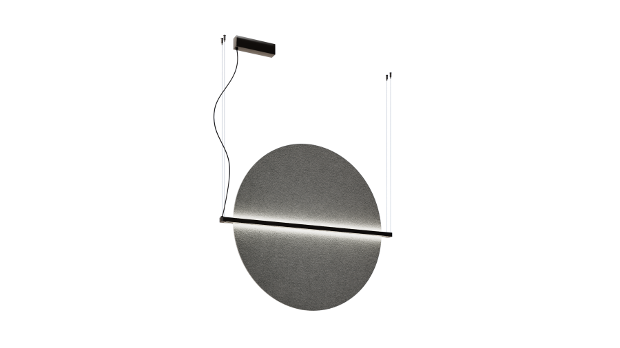 Akustische Beleuchtung Horizon – Akustische Beleuchtung – Hängelampe mit runder, grauer Oberfläche und Lichtleiste, minimalistische Designvariante mit schwarzen Halterungen.