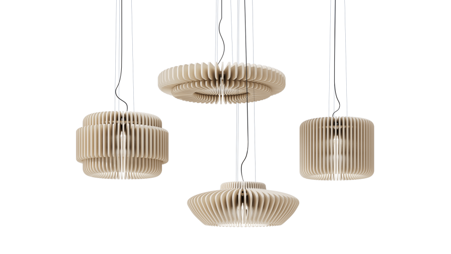 Akustische Beleuchtung Raya – Akustische Beleuchtung – Vier hängende Leuchten aus hellem Material mit wellenförmiger Struktur in unterschiedlichen Formen.