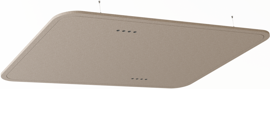 Akustische Beleuchtung Focus – Akustische Beleuchtung – Hängedeckenpaneel in rechteckiger Form, beige mit abgerundeten Ecken und integrierten Lautsprechern.