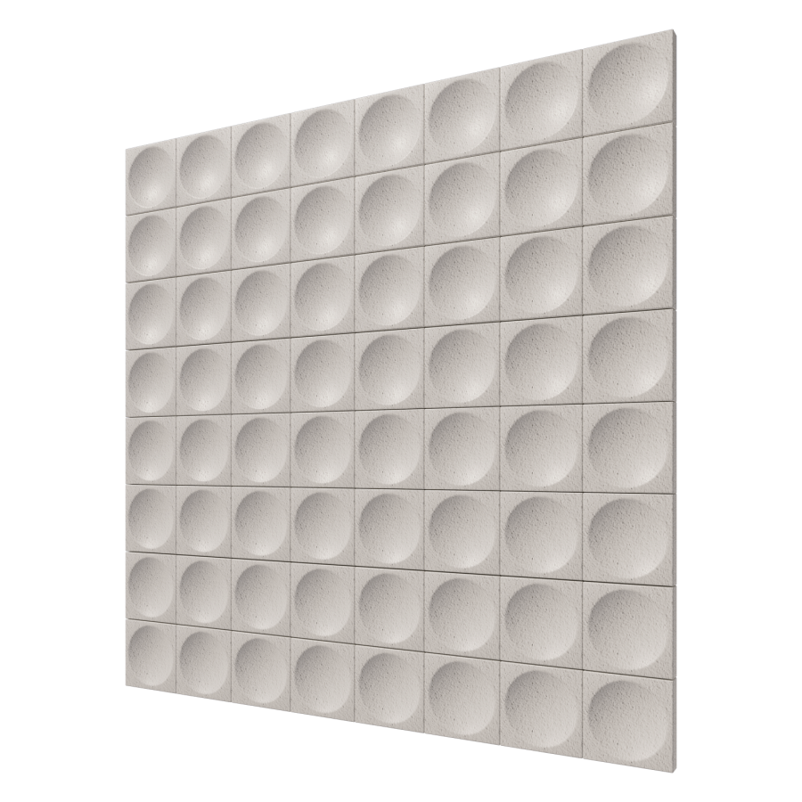 Archisonic Mycelium Wandfliesen – Akustische Wandverkleidung – Akustikpaneel in hellem Grau mit runden Vertiefungen, strukturiert und in rechteckiger Anordnung.