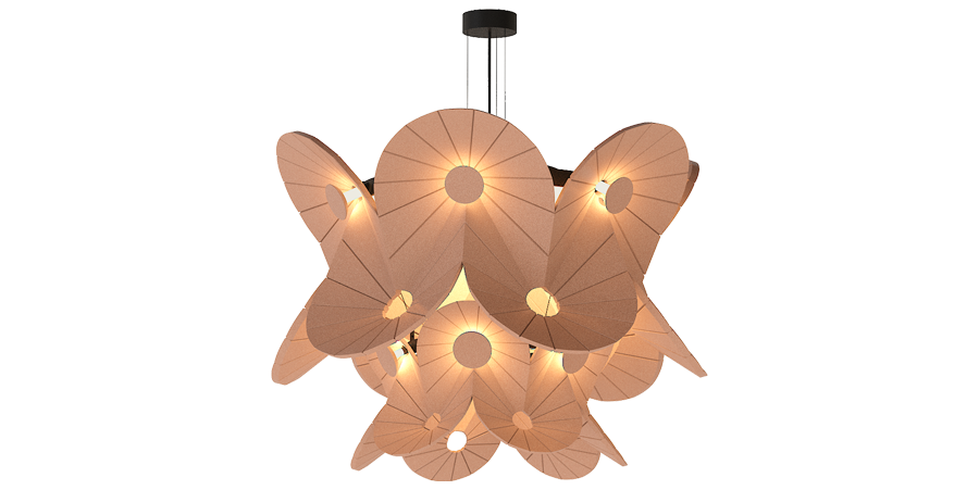 Dekorative Beleuchtung Oloid – Akustische Beleuchtung – Pendelleuchte mit blütenförmigem Design, rosa Lampenschirmen und metallischer Aufhängung.