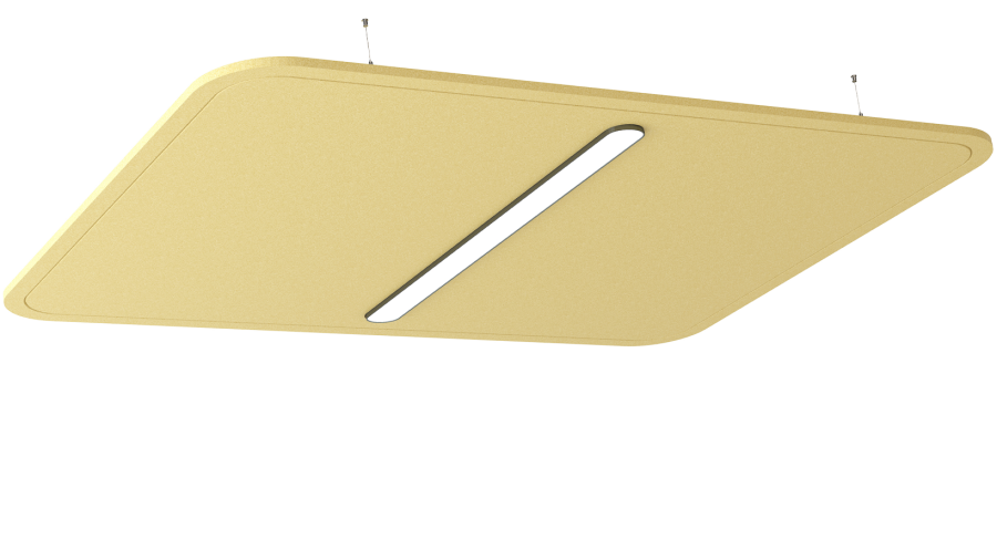 Akustische Beleuchtung Ora – Akustische Beleuchtung – Quadratische, gelbe Deckenleuchte mit schmalem, rechteckigem Lichtstreifen, hängend montiert.