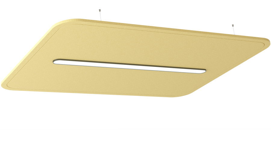 Akustische Beleuchtung Ora – Akustische Beleuchtung – Hängendes, quadratisches Deckenpanel in Gelb mit einem schmalen, horizontalen Lichtstreifen.