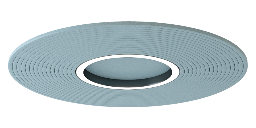 Akustische Beleuchtung Orbis – Akustische Beleuchtung – Deckenleuchte in ovaler Form mit grauer Struktur und innerem weißen Ring. Modernes Design für Büros.