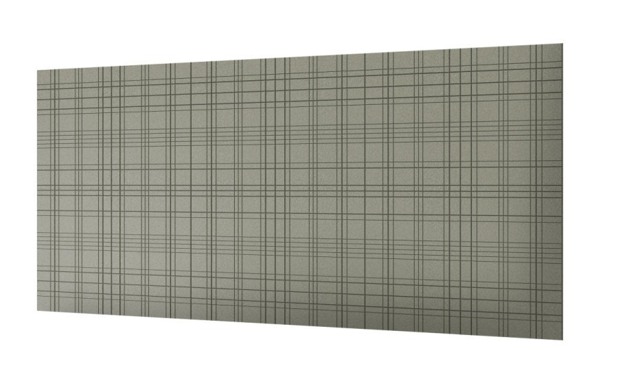 Wandverkleidung Plaid – Akustische Wandverkleidung – Akustikpaneel in grauer Farbe mit kariertem Muster, flach montiert an einer Wand.