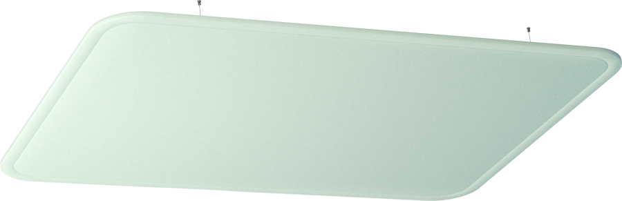 Deckenpanel Rectangle – Deckenabsorber – Hängedeckenleuchte in rechteckiger Form mit abgerundeten Ecken, grünlich-weisser Oberfläche, montiert an zwei Kabeln.
