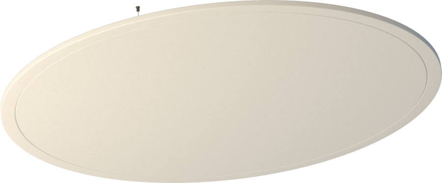 Deckenpanel Round – Deckenabsorber – Runde, helle Deckenleuchte mit flacher Oberfläche und seitlichem Umfang, aufgehängt an einer Wand.