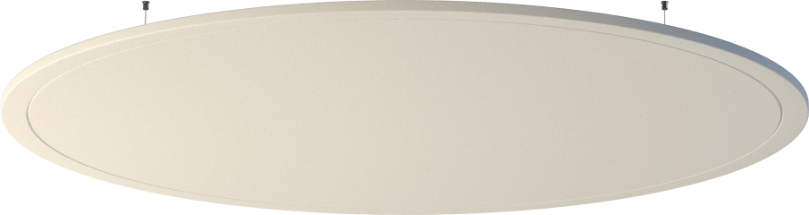 Deckenpanel Round – Deckenabsorber – Runde, helle Deckenleuchte mit flacher Oberfläche und seitlichem Rand, geeignet für Büroumgebungen.