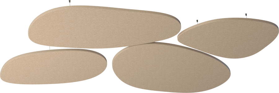 Deckenpanel Stone – Deckenabsorber – Fünf ovale akustische Paneele in Beige, hängen an der Decke, ideal zur akustischen Raumgestaltung.