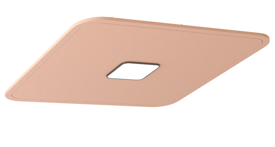Akustische Beleuchtung Tetra – Akustische Beleuchtung – Quadratische Deckenleuchte in Rosé mit eingelassenem LED-Modul.