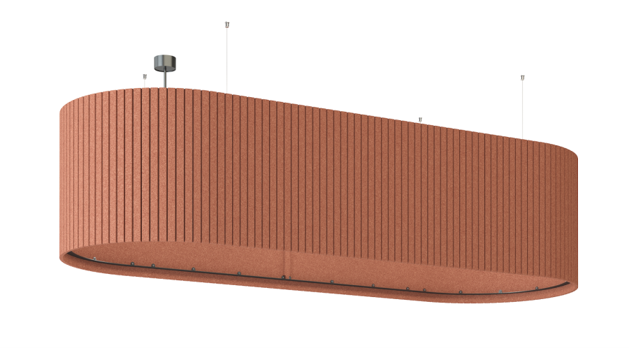 Akustische Pendelleuchte Umbra Long – Akustische Beleuchtung – Hängendes Akustikpaneel in runder Form, rotbraun mit vertikalen Rippen, zur Verbesserung der Raumakustik.