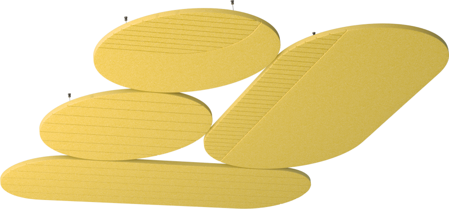 Deckenpanel Vela – Deckenabsorber – Hängende, gelbe Akustikpaneele in verschiedenen ovalen Formen mit gestreifter Oberfläche.