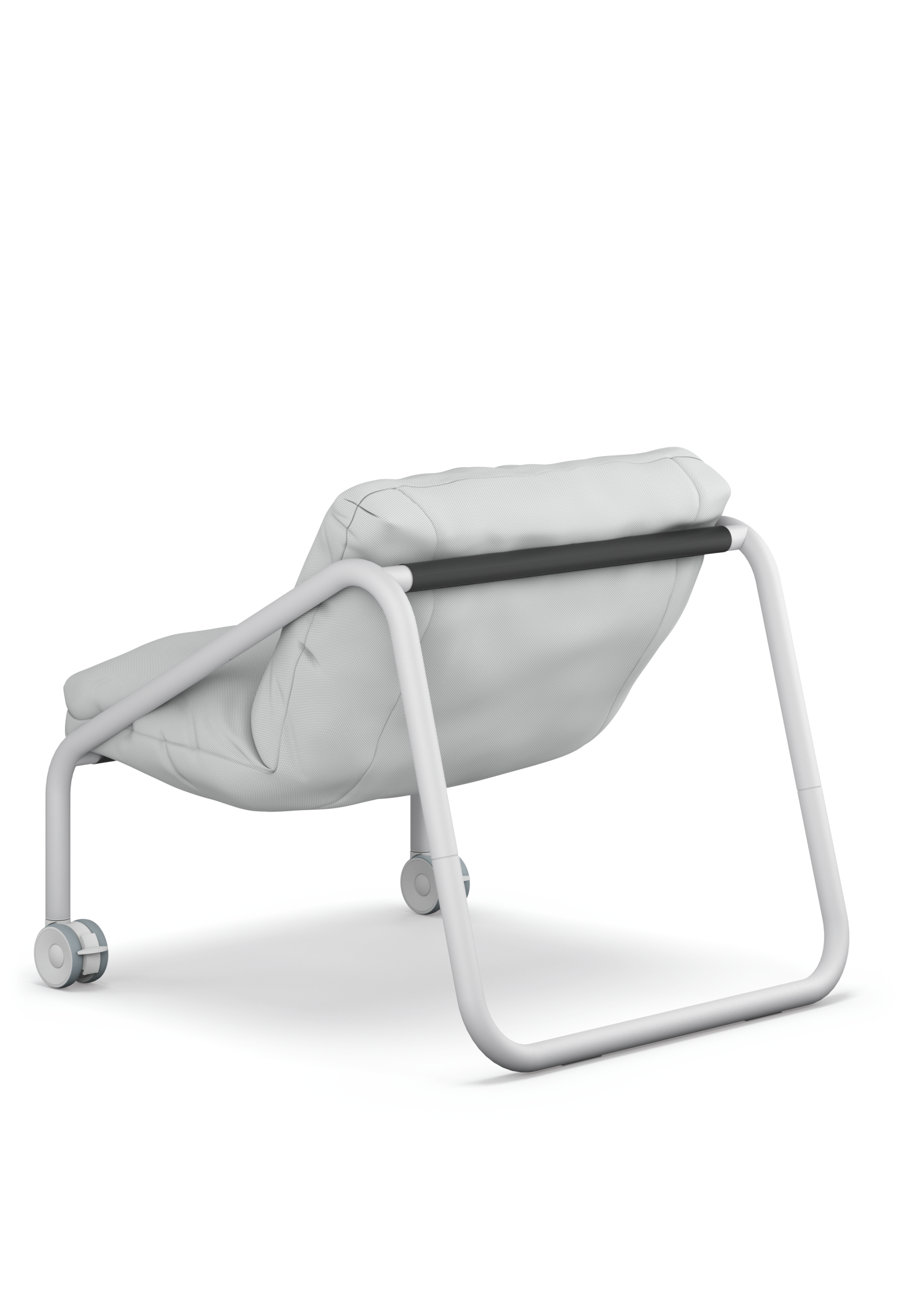 se:lab – Sofa – Bürostuhl mit weißem Polster und metallischem, weißem Gestell, ausgestattet mit Rollen.