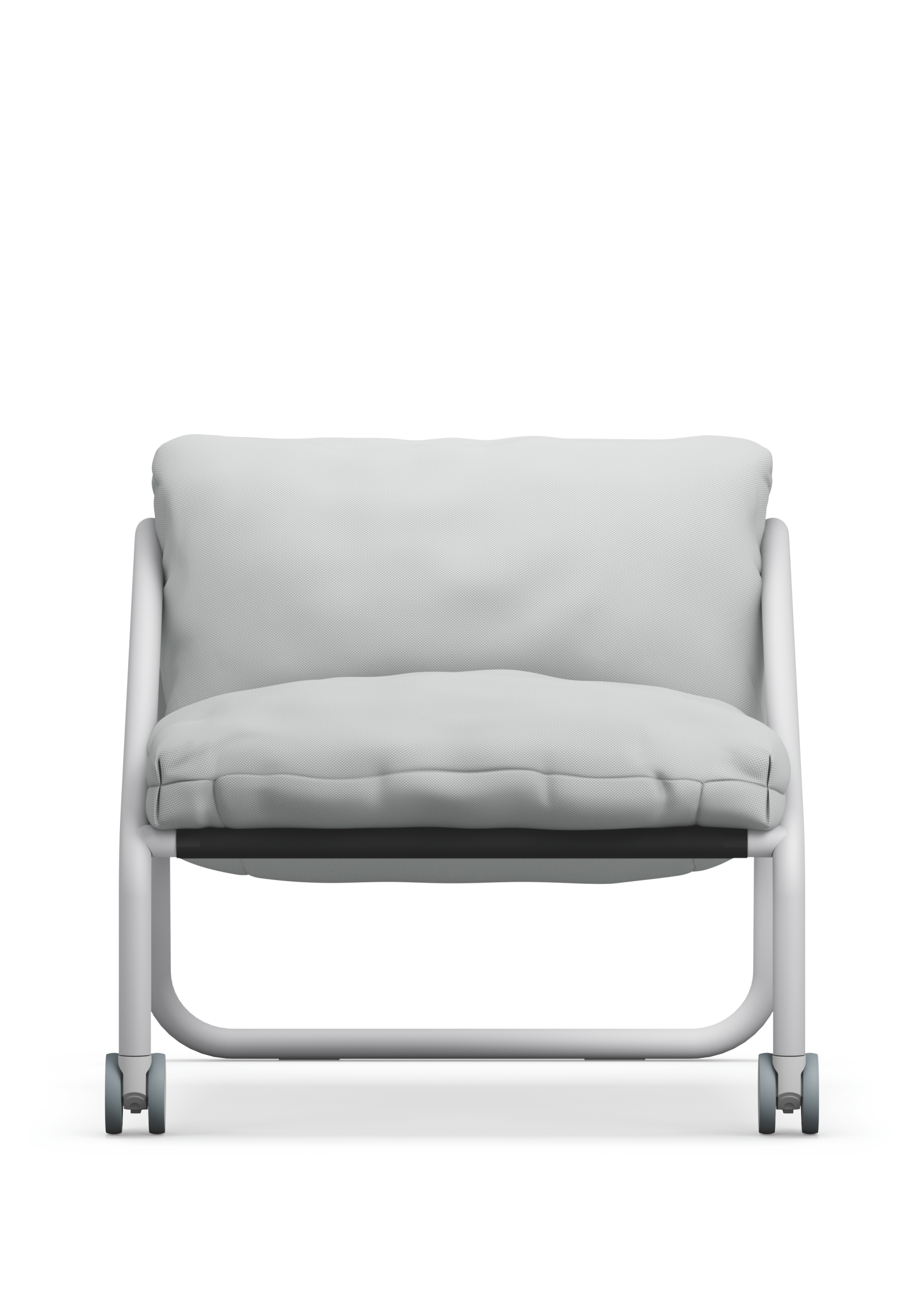 se:lab – Sofa – Modular Sessel mit grauem Polster und weißem Metallgestell, ausgestattet mit Rollen für einfache Mobilität.