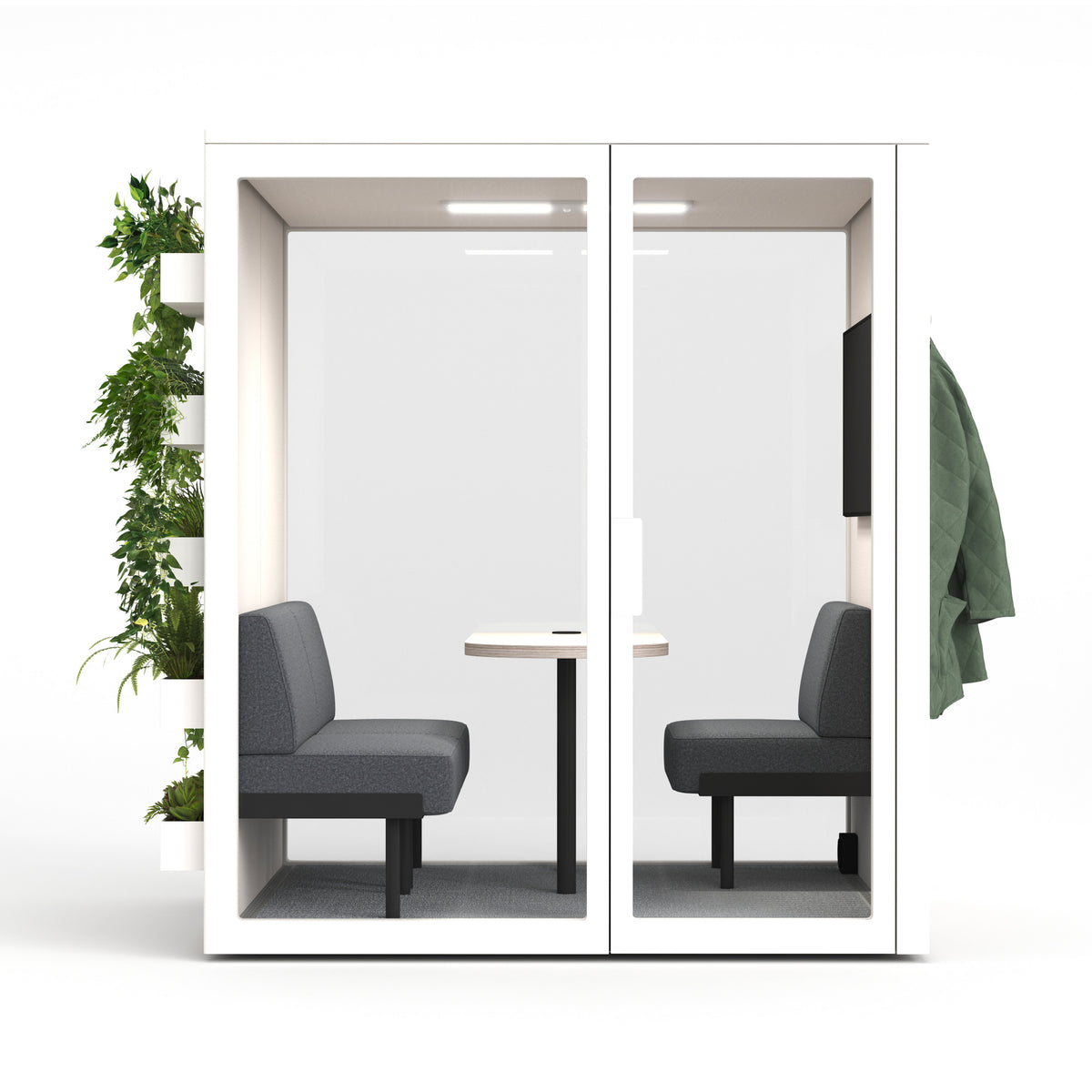 Talky M75 von vorn: zwei Sofas hinter der Doppelglastür, Garderobe an der Aussenseite.