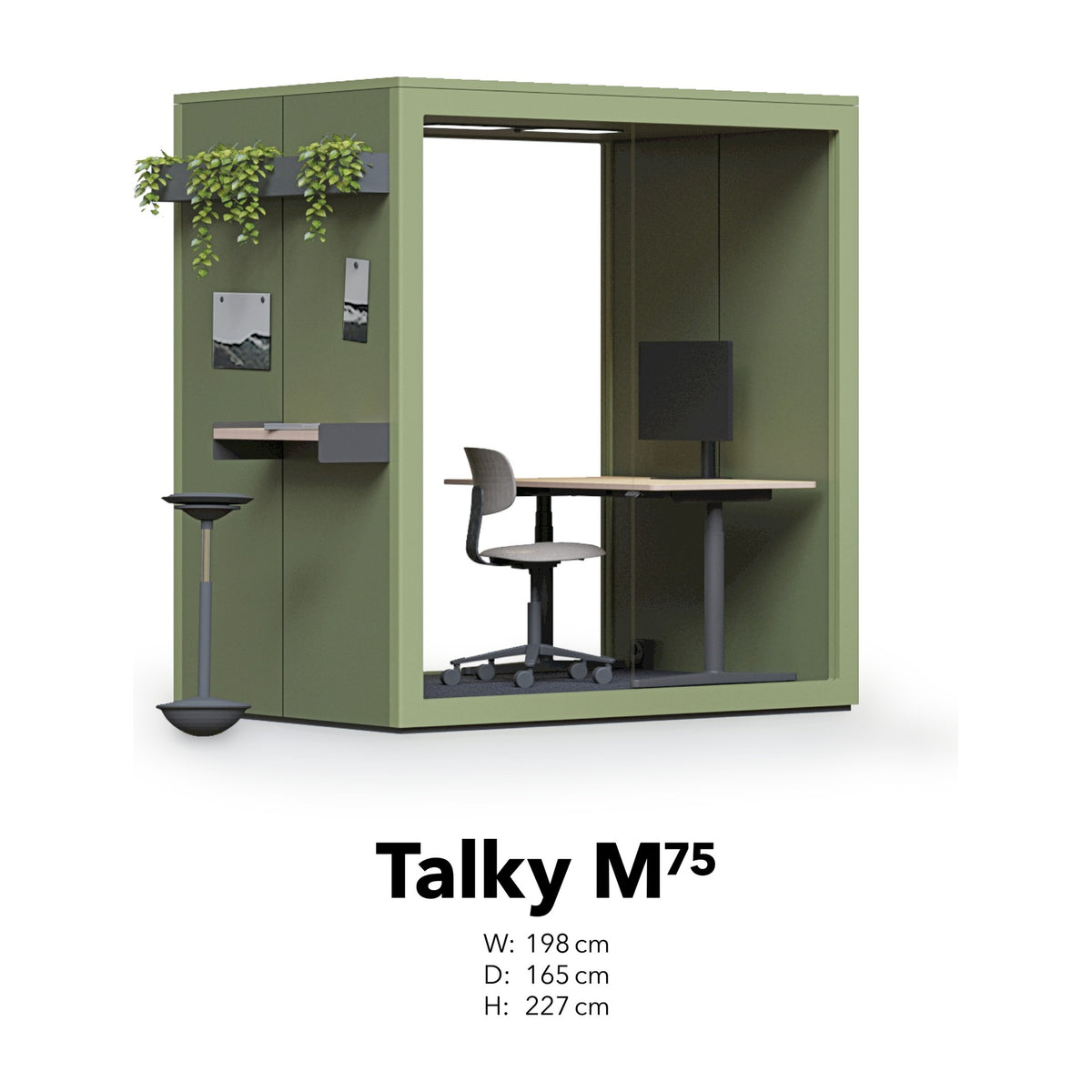 Massbild Talky M75: Breite 198 cm, Tiefe 165 cm, Höhe 227 cm.