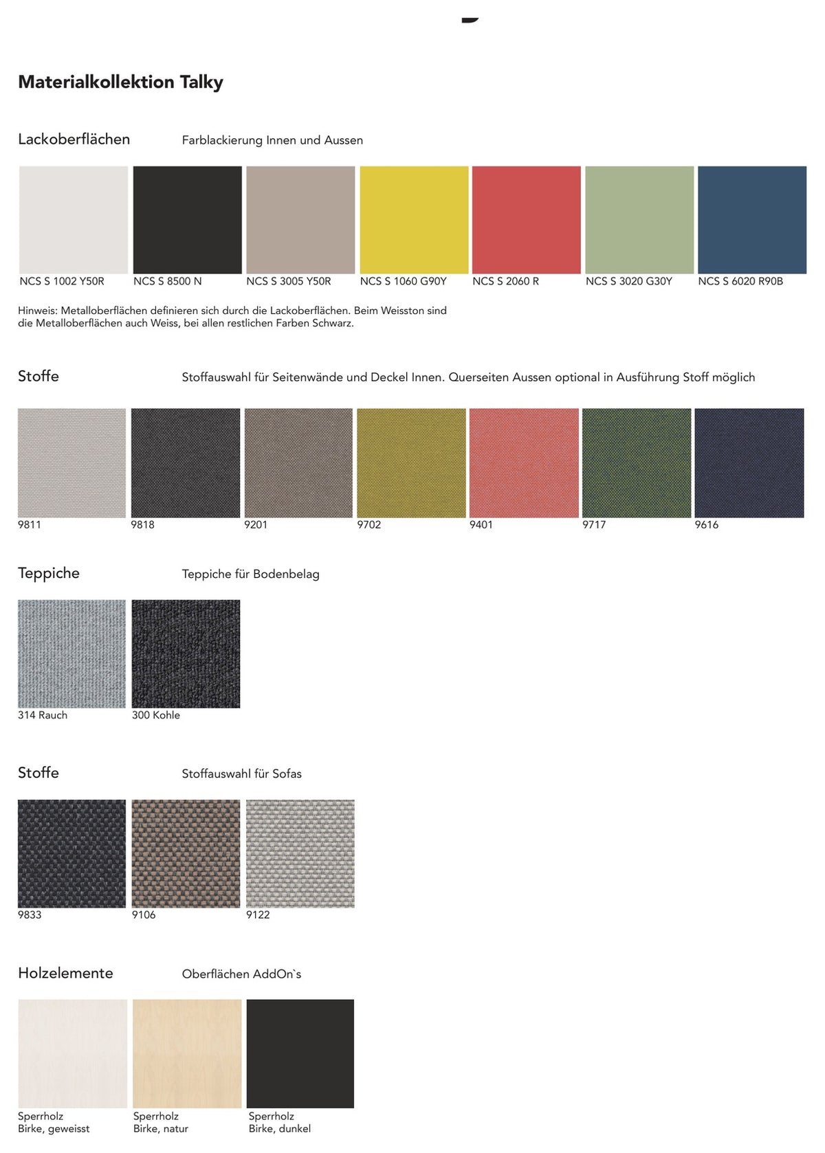 Materialkollektion Talky: Lackfarben, Stoffe, Teppiche und Birkensperrholz