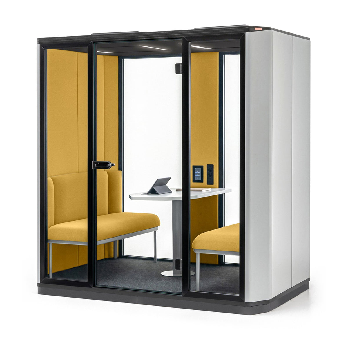 Coda 4-Personen-Akustikkabine von MDD mit Sitzbänken und Tisch, Stoff Grain GR-62122, Schrägansicht