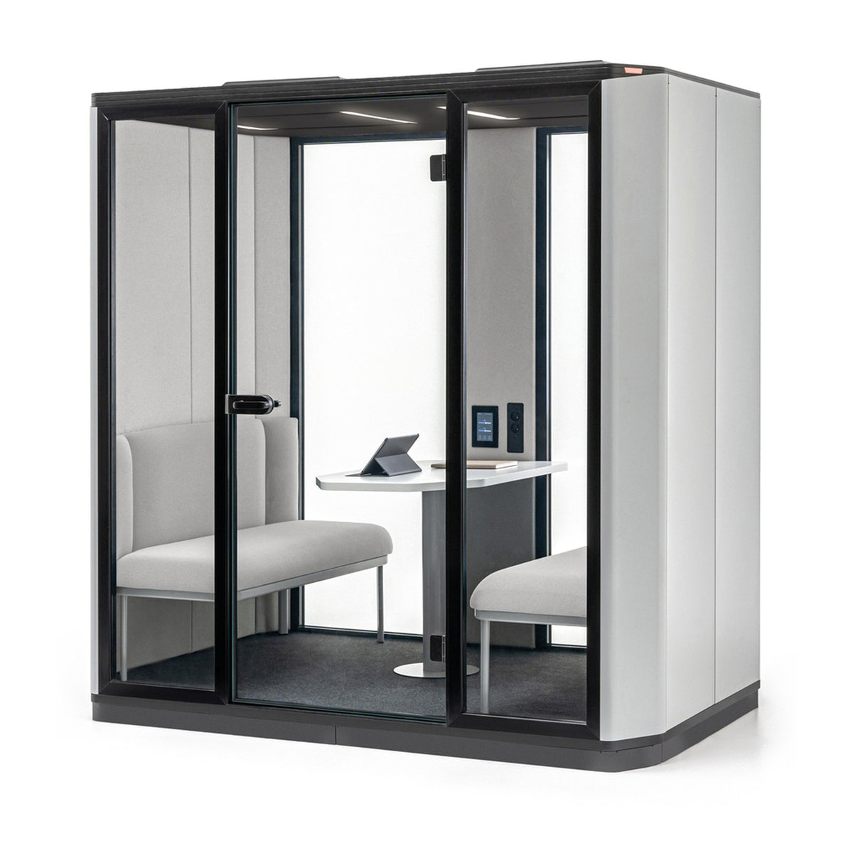 Coda 4-Personen-Akustikkabine von MDD mit Sitzbänken und Tisch, Stoff Grain GR-61250, Schrägansicht
