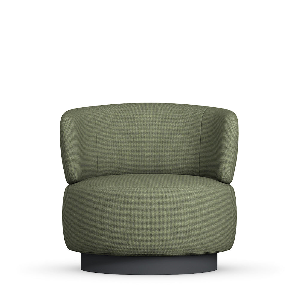 se:living | Sessel – Lounge-Sessel – Runder Loungesessel mit grauem Gestell, gepolstert in olivgrüner Stofffarbe, ohne Armlehnen.