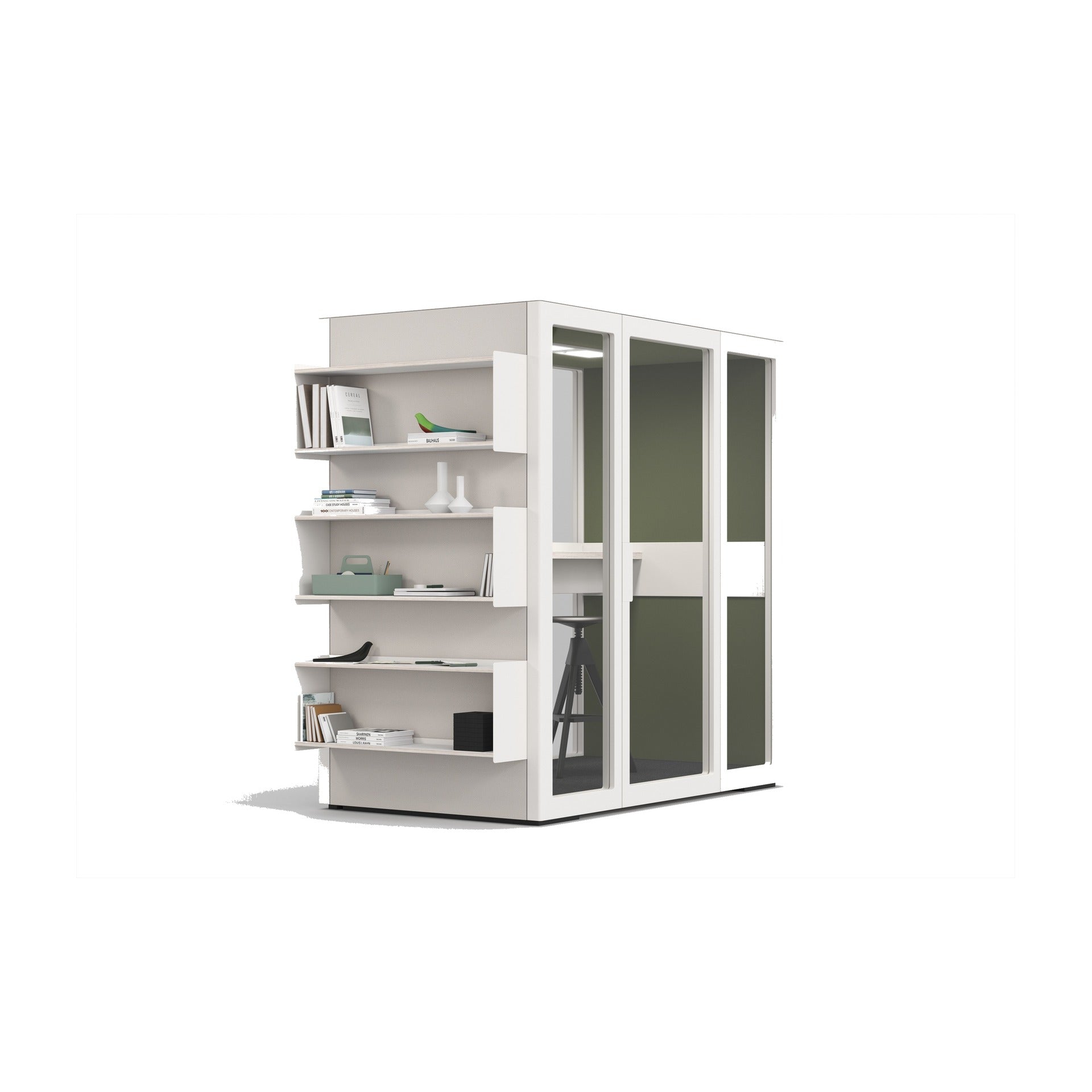 Talky S109 in Weiss mit Stehbar innen und einer Regalwand an der Aussenseite.