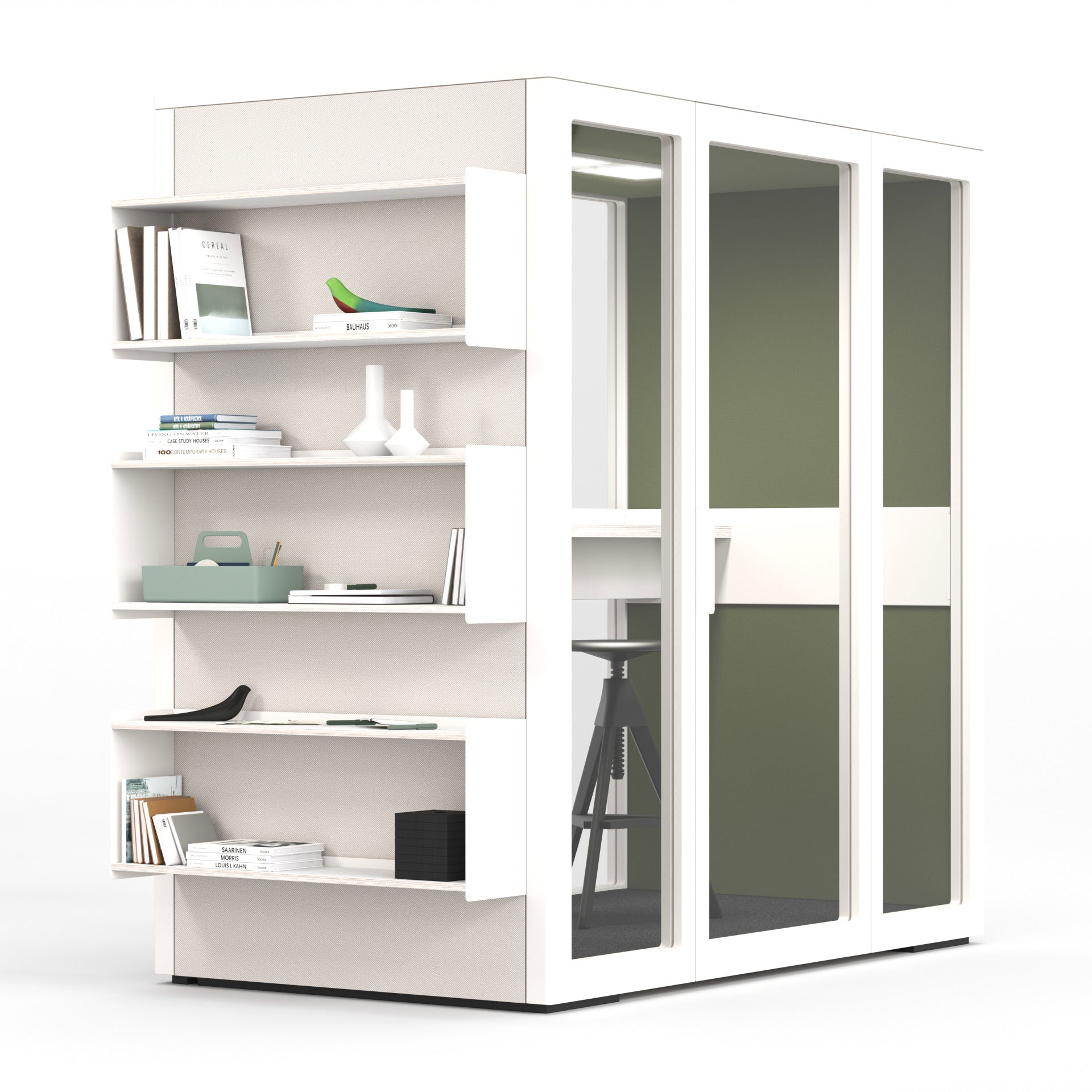 Talky S109 in Weiss mit Stehbar innen und einer Regalwand an der Aussenseite.
