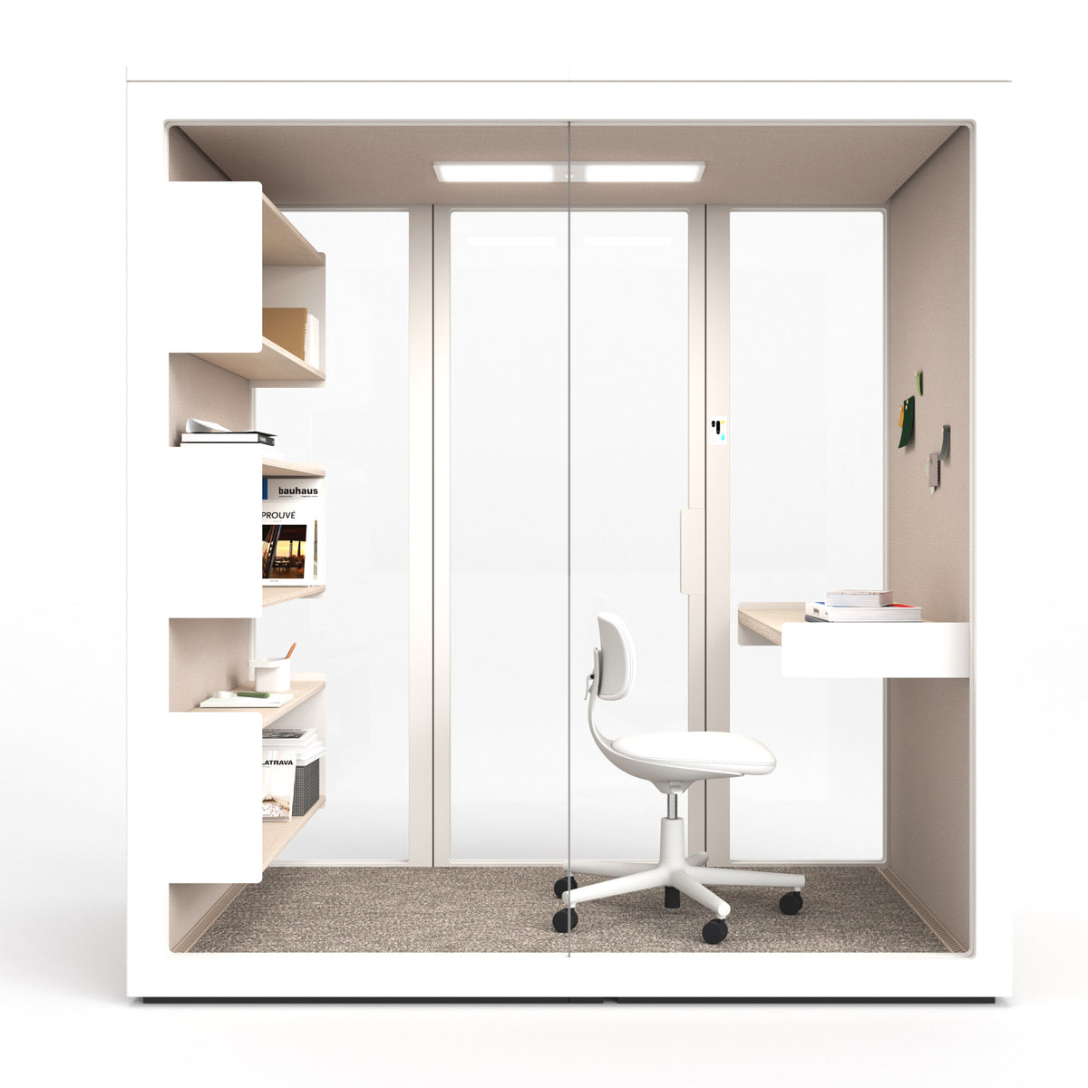 Talky S109 als Micro Office: Arbeitstisch, Regalelemente und Bürostuhl im Innenraum.