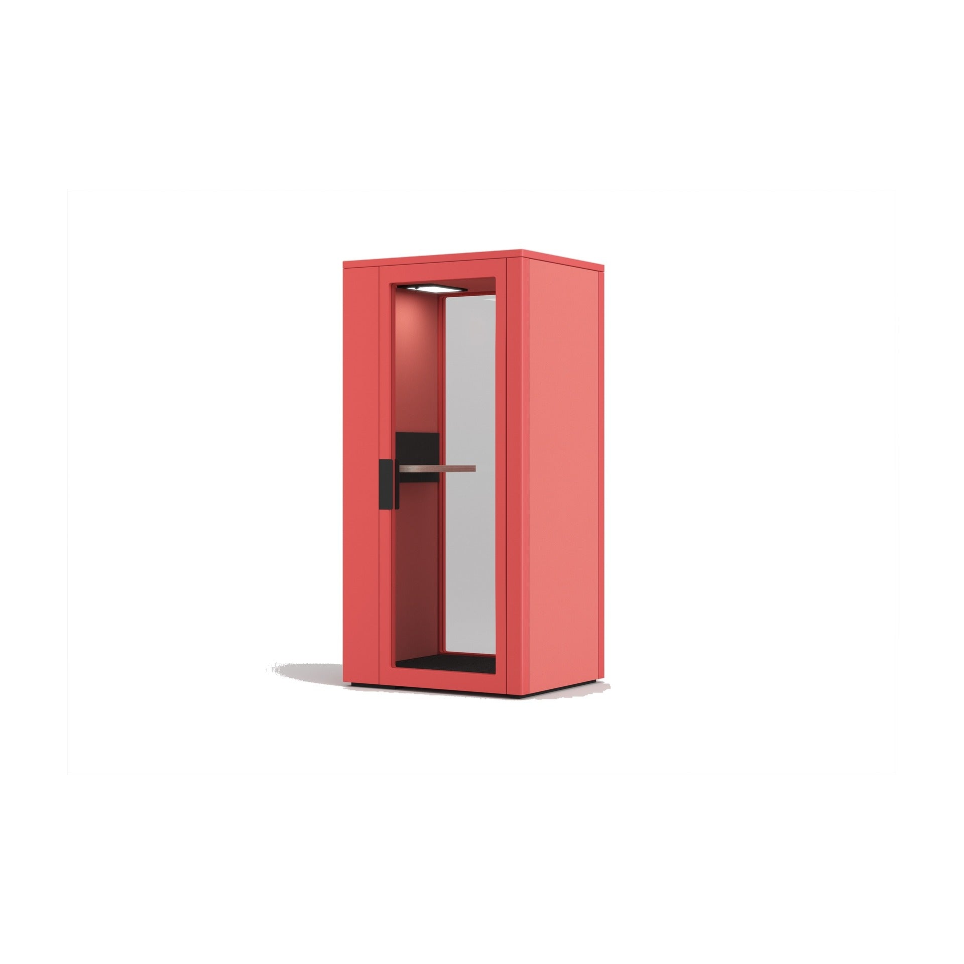 Talky S75 in Rot: die Telefonbox von vorn, mit Glastür und innenliegendem Stehtisch.