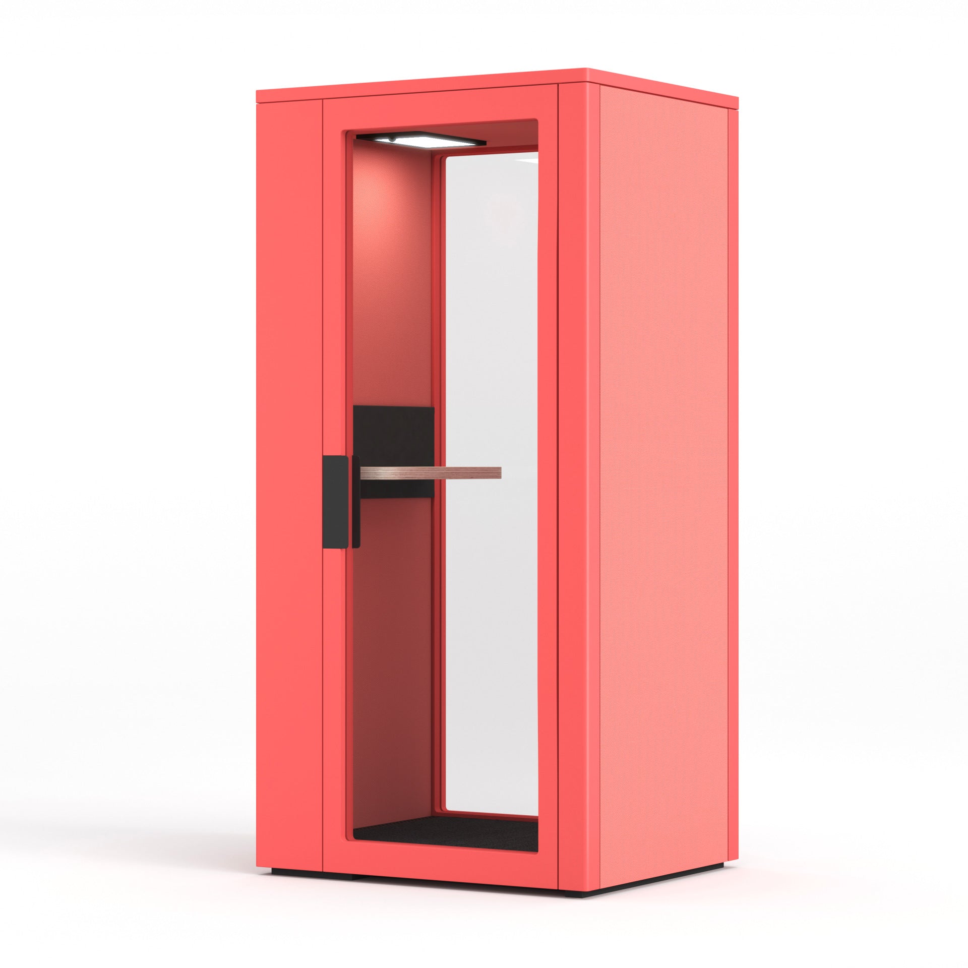 Talky S75 in Rot: die Telefonbox von vorn, mit Glastür und innenliegendem Stehtisch.