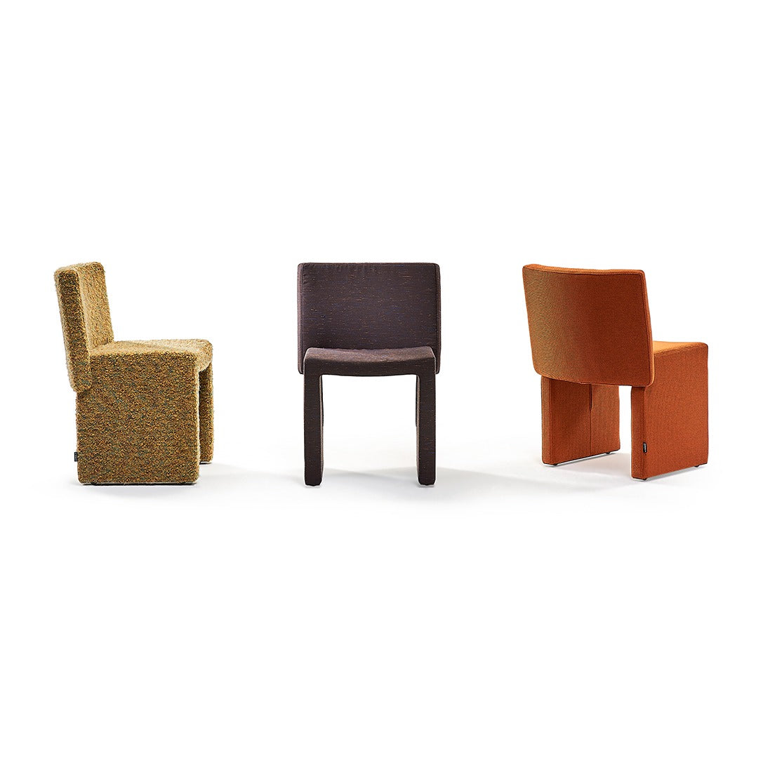 Drei Sancal Cita Polsterstühle in Senfgelb meliert, Aubergine und Orange