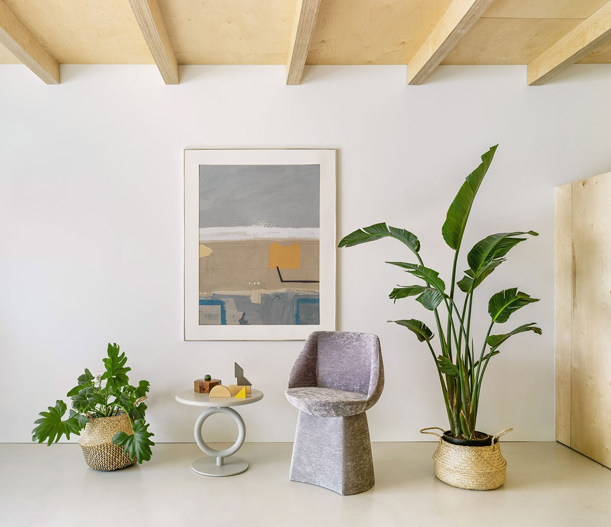 Sancal Magnum Stuhl in Grau mit gepolstertem Sockel neben Pflanzen in einem hellen Raum