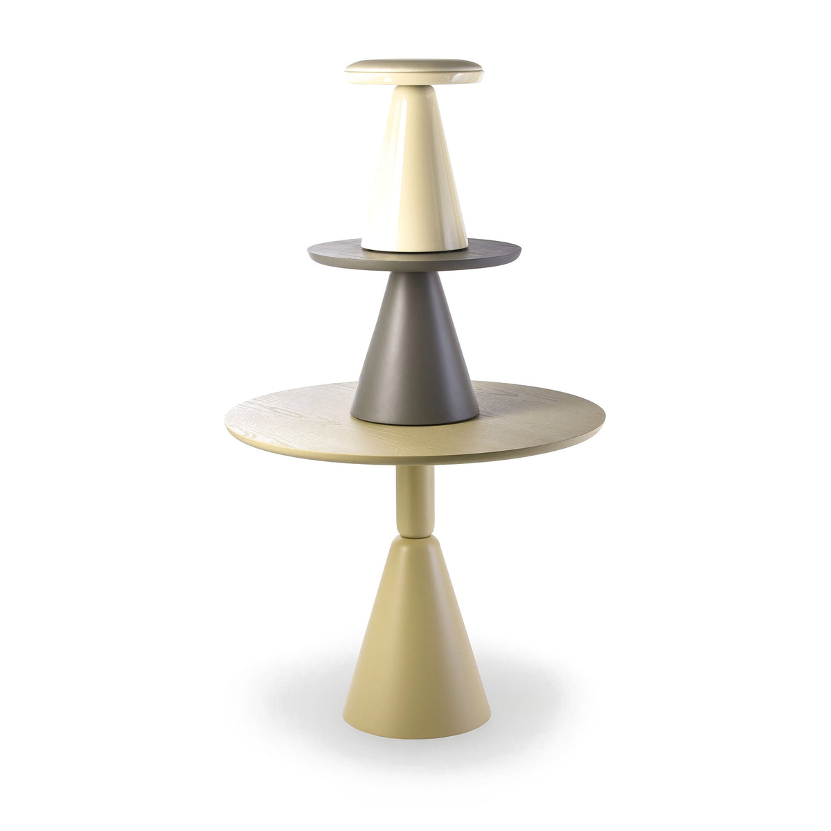Sancal Pion Hocker in Creme, gestapelt auf zwei Pion Tischen in Grau und Sand